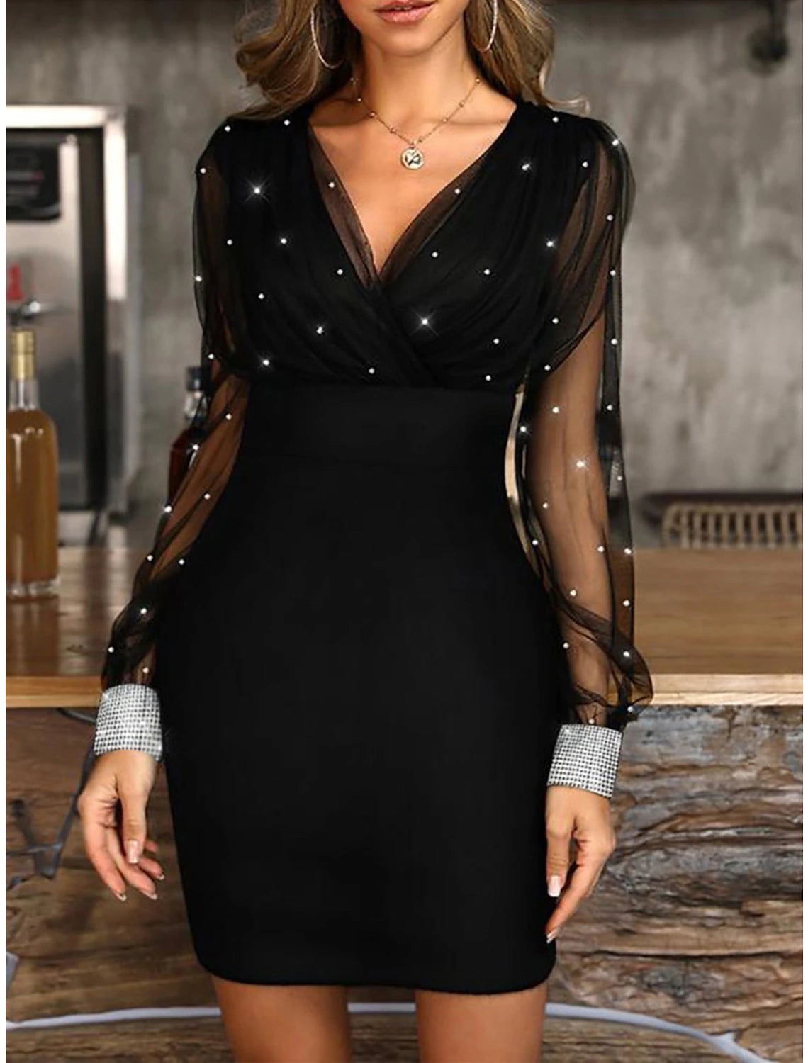 Abito da festa di Natale da donna, abito da ballo, abito da cocktail, abito corto aderente, nero, blu, manica lunga, colore puro, arricciato, autunno, inverno, scollo a V, moda, vacanza